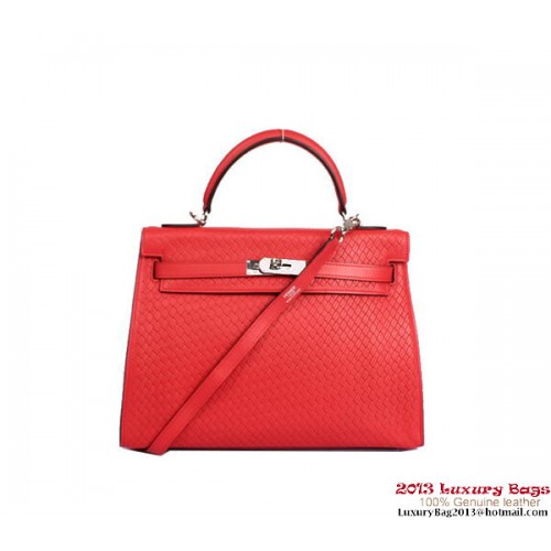 Hermes Kelly 32cm borsa con manico superiore in pelle intrecciata rosso chiaro argento
