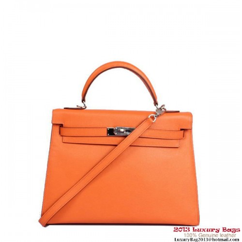 Hermes Kelly 32cm Top Handle Bag Orange Togo in pelle argento