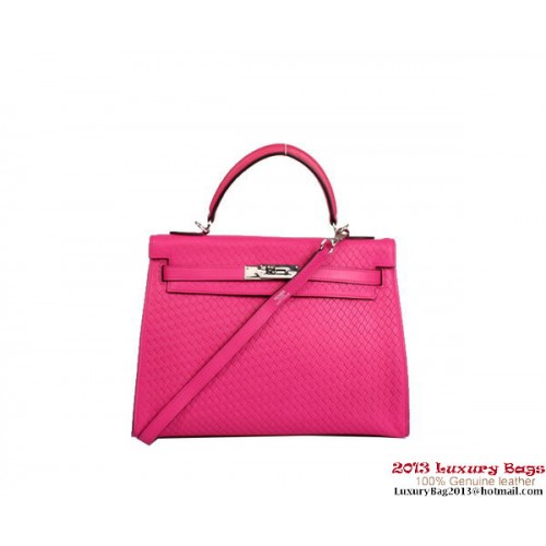 Hermes Kelly 32cm borsa con manico superiore in pelle intrecciata rosata argento