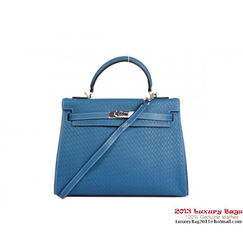 Hermes Kelly 32cm borsa con manico superiore in pelle intrecciata Royalblue argento