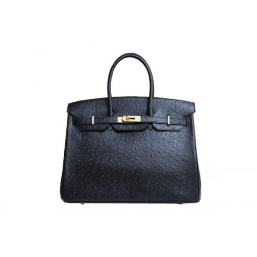 Hermes Kelly 35cm borsa con manico superiore in pelle di struzzo nera oro