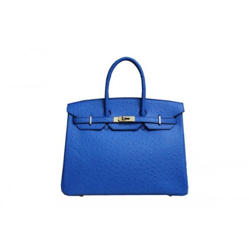 Hermes Kelly 35cm Top Handle Bag in pelle di struzzo blu oro