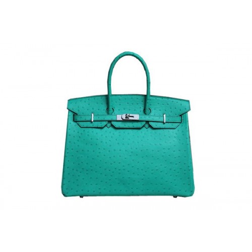 Hermes Kelly 35cm Borsa con manico superiore in pelle di struzzo verde argento