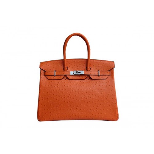Hermes Kelly 35cm Top Handle Bag in pelle di struzzo arancione argento