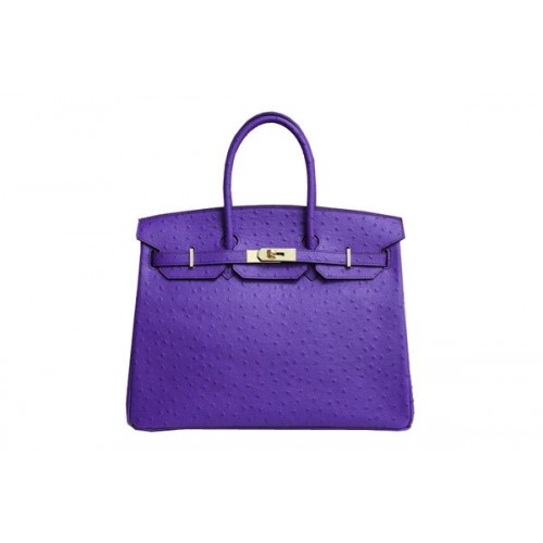 Hermes Kelly 35cm Top Handle Bag in pelle di struzzo viola oro