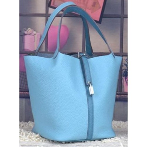 Hermes Picotin Blocco 22cm Borse Litchi Pelle HPL8618 Azzurro