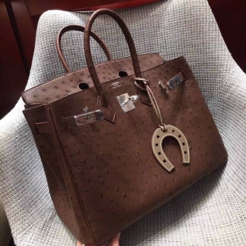 Borsa Birkin in vera pelle di struzzo Hermes BK35 Cioccolatini