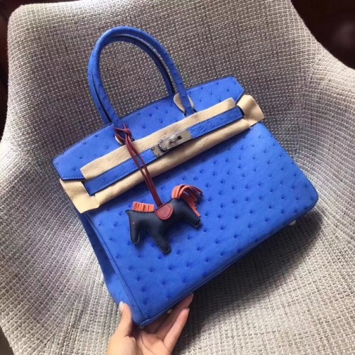 Hermes Borsa birkin in vera pelle di struzzo BK35 blu