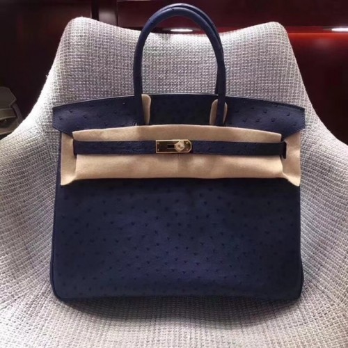 Borsa Birkin Hermes in vera pelle di struzzo BK35 blu scuro
