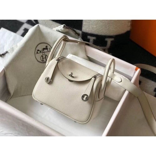 Hermes mini Lindy Original Togo Borsa in pelle LD19 Bianco e metallo tono argento