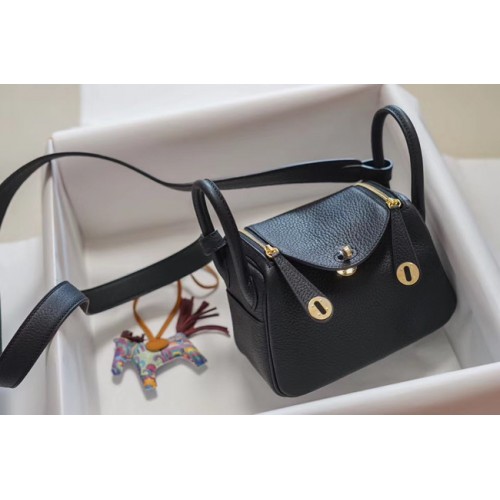Borsa in pelle Hermes mini Lindy Togo LD19 metallo tono nero e oro