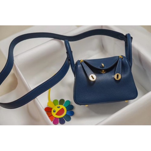Borsa in pelle Hermes mini Lindy Togo LD19 metallo tono blu e oro