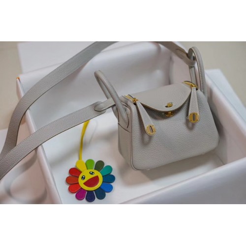 Borsa in pelle Hermes mini Lindy Togo LD19 metallo tono grigio e oro