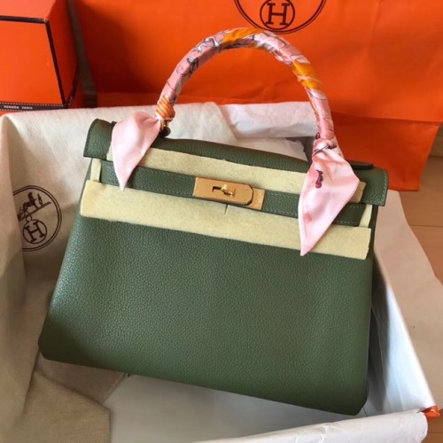 Hermes originale borsa kelly in pelle Togo KL320 verde nerastro