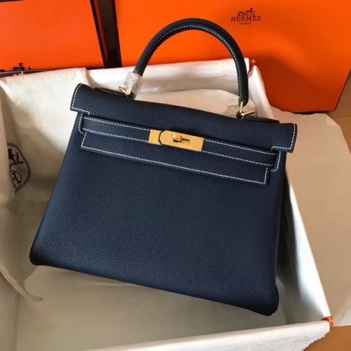 Hermes originale borsa kelly in pelle Togo KL320 blu scuro