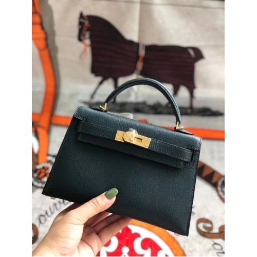 Hermes originale mini Kelly chevre mysore K19CM verde nerastro e metallo dorato
