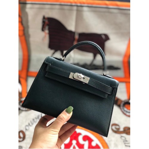 Hermes originale mini Kelly chevre mysore K19CM verde nerastro e metallo argento