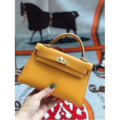 Hermes originale mini Kelly chevre mysore K19CM Mango giallo e metallo dorato