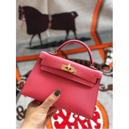 Hermes originale mini Kelly chevre mysore K19CM Watermelon red&Gold Metal