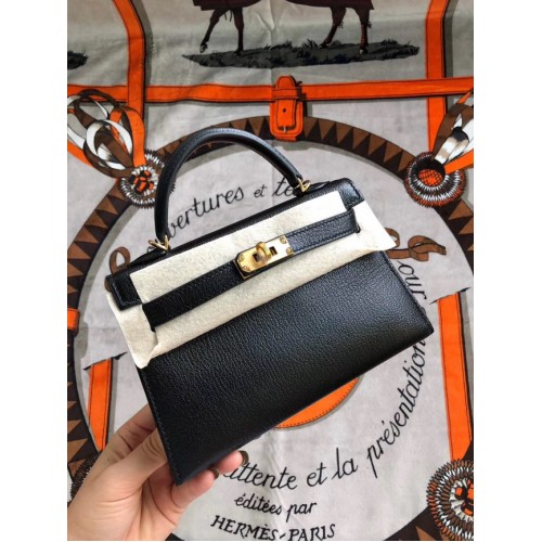 Hermes originale mini Kelly chevre mysore K19CM nero e metallo dorato