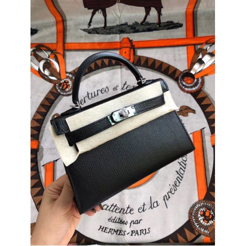 Hermes originale mini Kelly chevre mysore K19CM metallo nero e argento