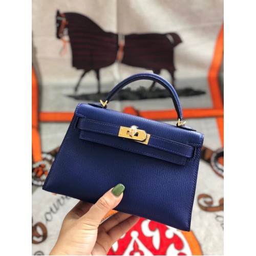 Hermes originale mini Kelly chevre mysore K19CM blu e metallo dorato