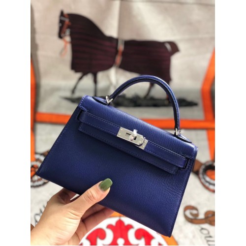 Hermes originale mini Kelly chevre mysore K19CM blu e metallo argento