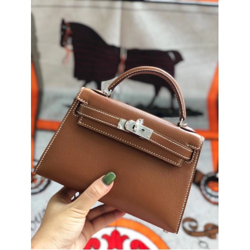 Hermes originale mini Kelly chevre mysore K19CM marrone e metallo argento