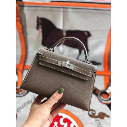 Hermes originale mini Kelly chevre mysore K19CM metallo grigio e argento