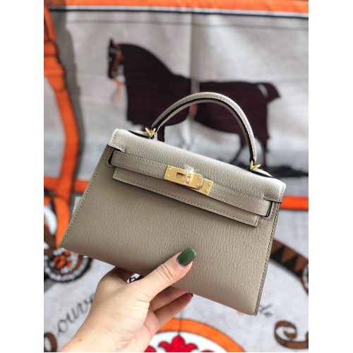 Hermes originale mini Kelly chevre mysore K19CM grigio chiaro e metallo dorato