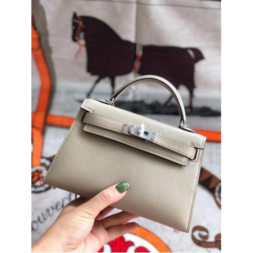 Hermes originale mini Kelly chevre mysore K19CM grigio chiaro e metallo argento