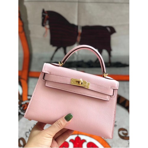 Hermes originale mini Kelly chevre mysore K19CM rosa e metallo dorato