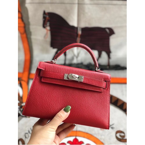 Hermes originale mini Kelly chevre mysore K19CM metallo rosso e argento