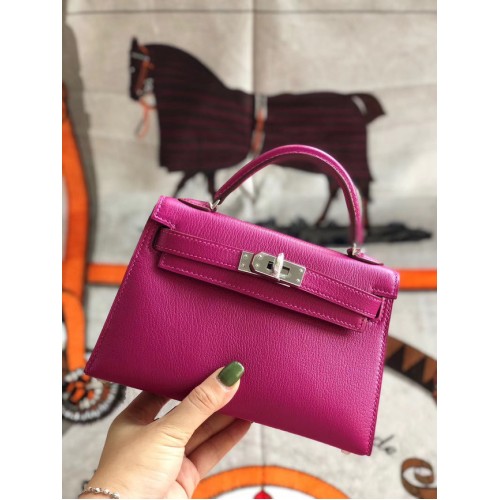 Hermes originale mini Kelly chevre mysore K19CM rosa e metallo argento