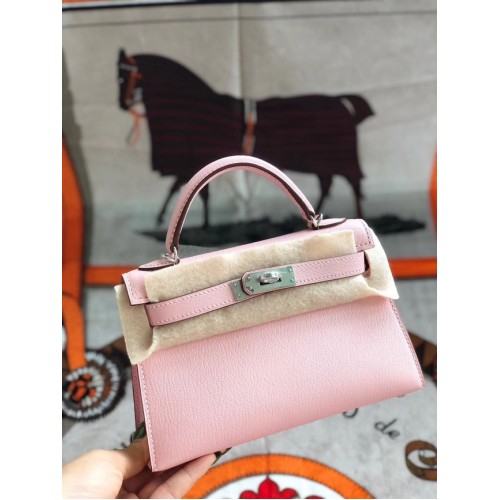 Hermes originale mini Kelly chevre mysore K19CM rosa e metallo argento