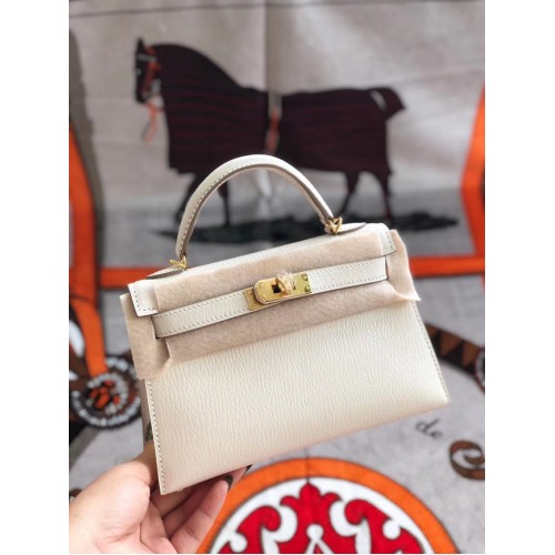 Hermes originale mini Kelly chevre mysore K19CM bianco e oro metallo
