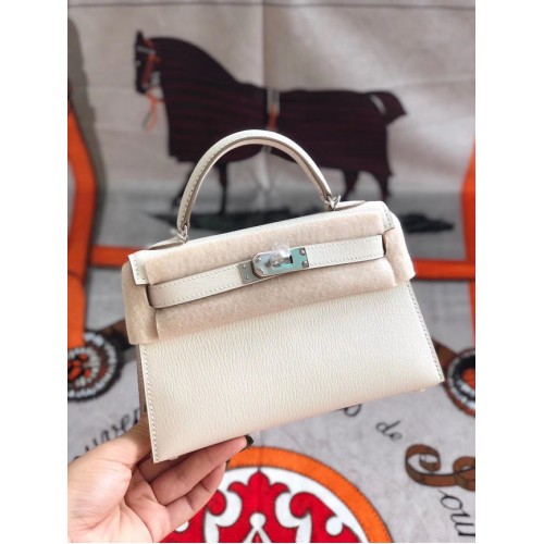 Hermes originale mini Kelly chevre mysore K19CM metallo bianco e argento