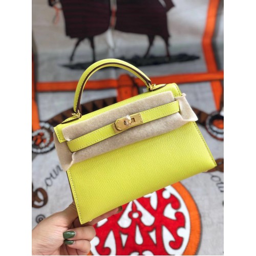 Hermes originale mini Kelly chevre mysore K19CM giallo e metallo dorato