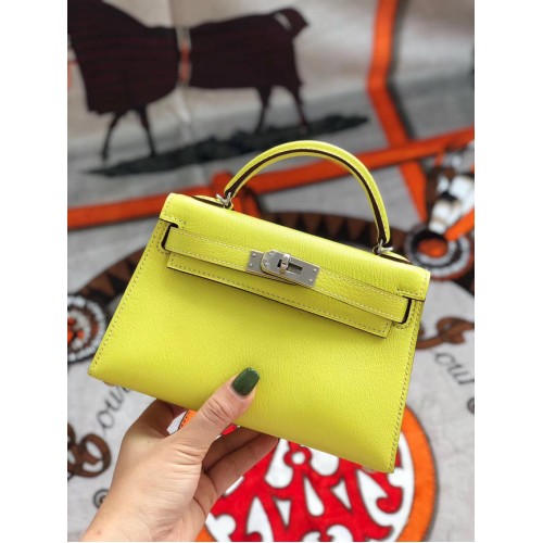 Hermes originale mini Kelly chevre mysore K19CM metallo giallo e argento