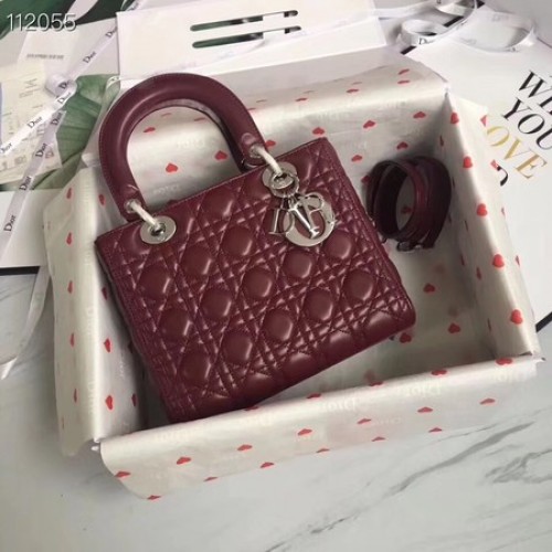 BORSA LADY DIOR IN PELLE DI AGNELLO CAL44550 bordeaux&metallo effetto argento