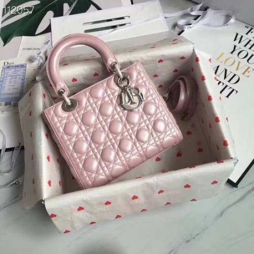 BORSA LADY DIOR IN PELLE DI AGNELLO CAL44550 rosa&metallo effetto argento