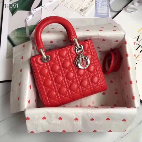 BORSA LADY DIOR IN PELLE DI AGNELLO CAL44550 rosso&metallo effetto argento