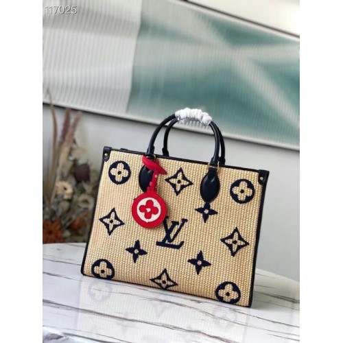 Louis Vuitton Onthego Monogram Rafia Giant Weave Embroidery Borsa tote media M57723 Blu