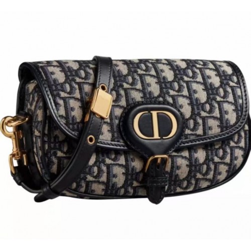BORSA DIOR BOBBY MEDIA Warm Taupe Box Embroidery M9327 blu scuro