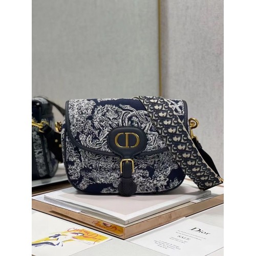 Grande DIOR BOBBY BAG Warm Taupe Box Oblique Embroidery C9267 blu scuro