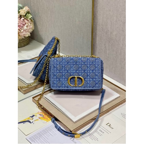 BORSA CARO DIOR MEDIA Ricamo Macrocannage Tweed M9242 blu