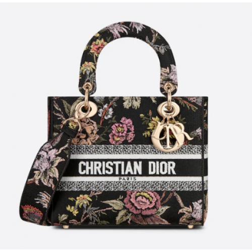 BORSA MEDIA LADY D-LITE Nero Multicolor Ricamo Dior Jardin Botanique M0565O