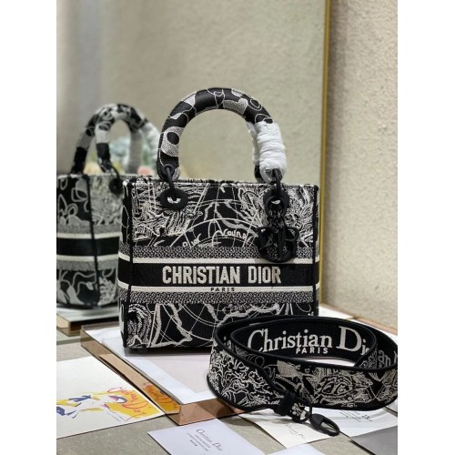 BORSA MEDIA LADY D-LITE Mappamondo bianco e nero Ricamo M0565O