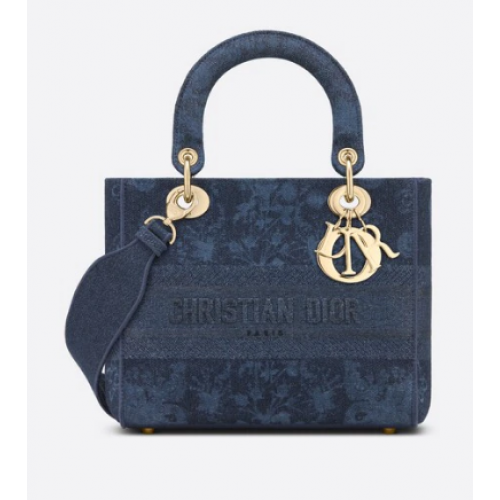 BORSA MEDIA LADY D-LITE Denim blu ricamato fiori Dior M0565OJA