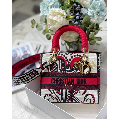 BORSA MEDIA LADY D-LITE M8002 Ricamo Arabesque Dior Multicolor Rosso